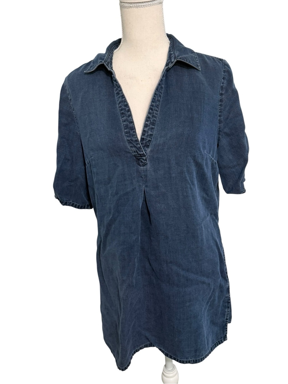 Soft Surroundings Tencel Lyocell Denim Tunic Dress Blue V-Neck Short Sleeve‎ M